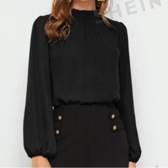 SHEIN Clasi Frilled Neck Bishop Sleeve Blouse in Black - Picture 4 of 4